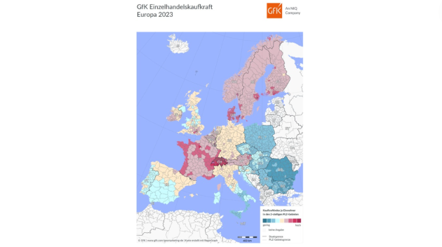 Europäer:innen geben über 6.000 Euro pro Kopf aus, Deutsche im Mittelfeld - So verteilt sich die Einzelhandelskaufkraft in Europa - Quelle: GfK